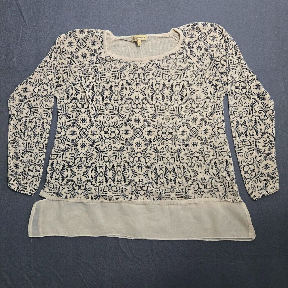Democracy Blouse Women L Tan Floral Sheer Hem Long Sleeve Aztec